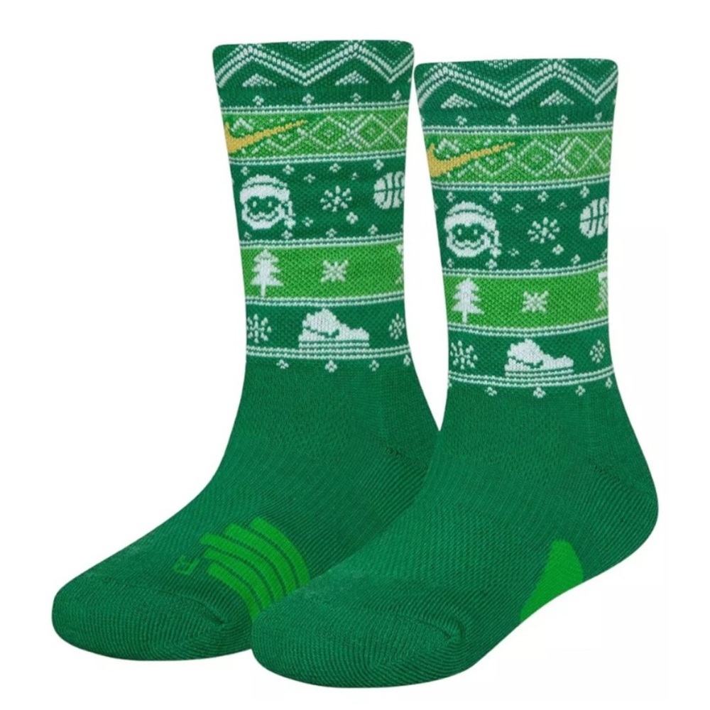 Nike Elite Christmas Green Crew Neck Socks with White and Yellow‎ Accents